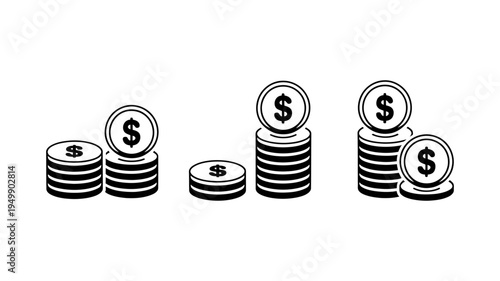 A set of black dollar coin stacks depicting different arrangements and values.