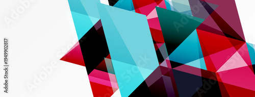 Abstract geometric shapes overlap, creating vibrant colorful composition. Pink, red, turquoise dominate design. Modern aesthetic.