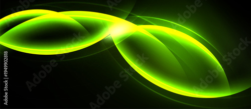 Bright green abstract shapes overlap, creating luminous infinity symbol against dark background. Dynamic energy radiates from center.