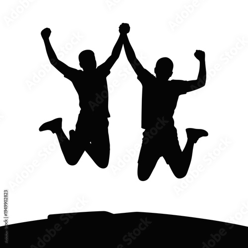 Two joyful men silhouettes are jumping high in the air while holding hands.