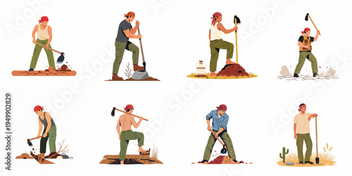 Collection of flat vector illustrations showing a male manual laborer performing various tasks like digging, tilling soil, and using traditional hand tools.