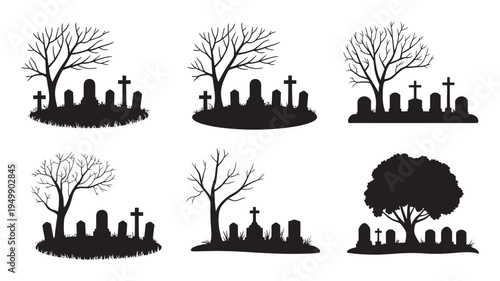 A collection of eerie black silhouette graveyard scenes with tombstones and desolate bare trees, perfect for Halloween.