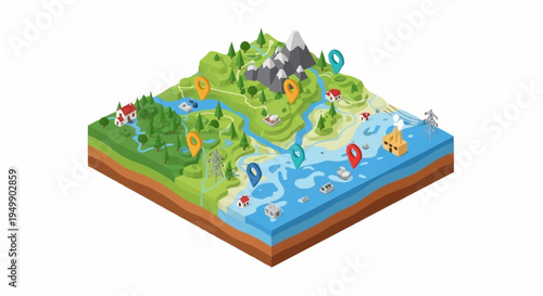 Isometric illustration of a landscape with various landmarks and icons.