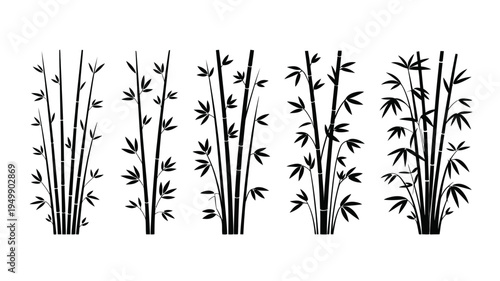 A diverse collection of black silhouette bamboo stalks and shoots, showcasing various stages of growth and density.