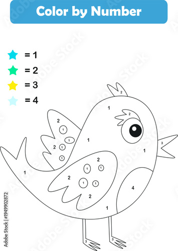 Color by numbers. Coloring page for kids. Coloring with cute animals. Vector illustration