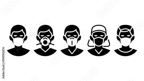 A group of five solid black silhouette icons depicting individuals wearing different styles of protective face masks.