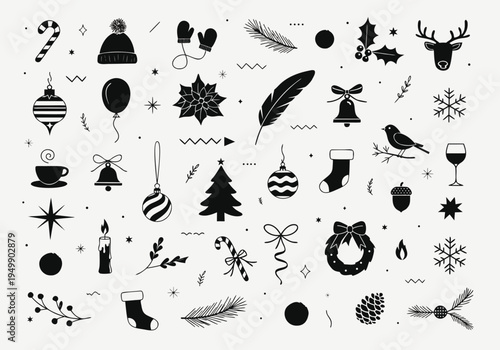 A grid-like arrangement of fifty black silhouette holiday icons featuring winter clothing, plants, and animals is positioned on a white backdrop.