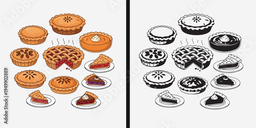Pie dessert illustration collection, sweet pie bakery cartoon design, pastry pie dessert drawing set, bakery pie clipart illustration, delicious pie dessert artwork, homemade pie food illustration, ba