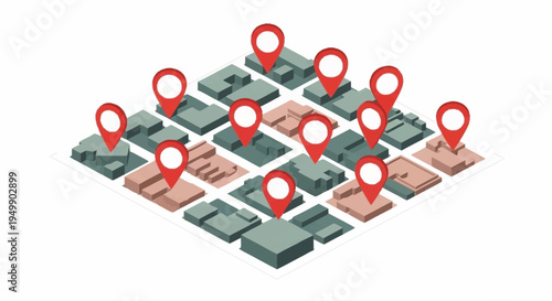 3D isometric map with location markers.