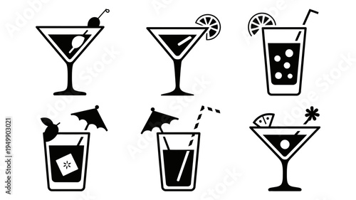 A stylish set of six black and white cocktail drink icons featuring various popular beverages and garnishes.