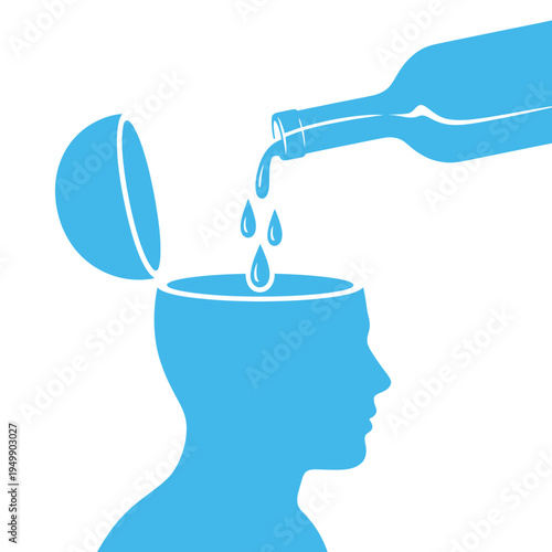 A symbolic blue illustration depicts liquid drops pouring from a bottle into an open human head.