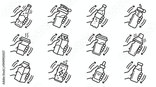 Collection of hands holding and shaking various beverage containers like bottles, protein shakers, cartons and cans in outline style, symbolizing preparation instructions or product usage