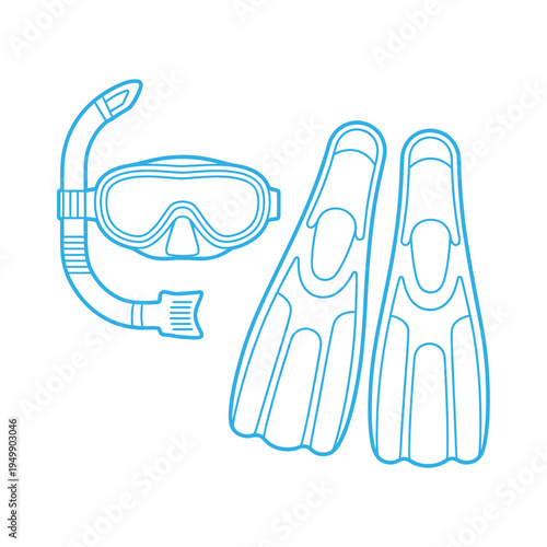 A complete set of snorkeling gear, including a mask, snorkel, and fins, is shown in a vibrant blue outline.