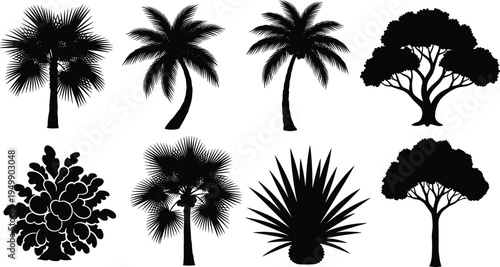 Black silhouette collection of eight diverse trees and plants including palm, conifer, deciduous, bush, and agave arranged in rows for botanical illustration, design, and education