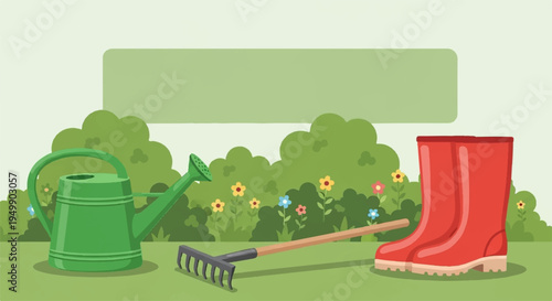 Gardening tools and red boots on green grass with flowers and trees in background for landscaping and gardening concepts