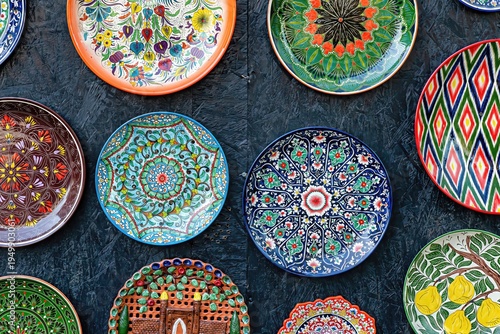 Traditional Uzbek ceramic plates with colorful floral patterns hanging on black wall. Decorative hand painted pottery from Uzbekistan. Concept of Central Asian folk craft and art culture.