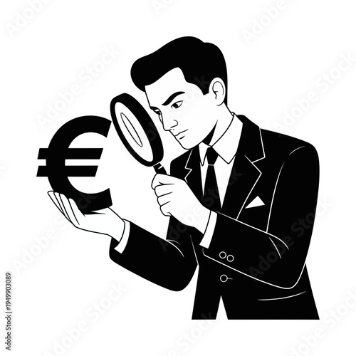 A focused businessman in a suit inspects a large euro currency symbol using a magnifying glass.