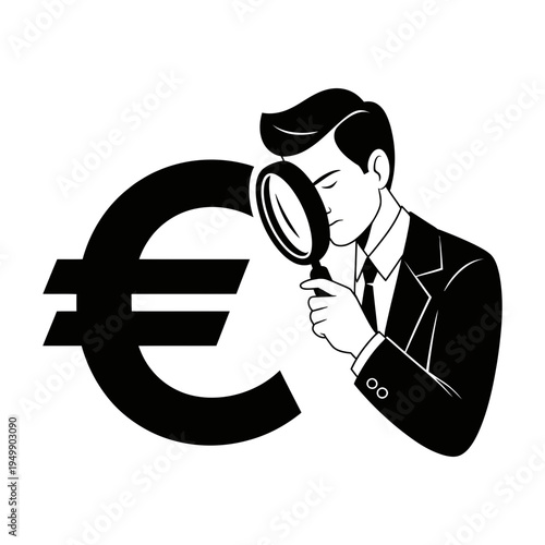 A businessman in a suit intently observes a giant euro currency symbol with a handheld magnifying glass.