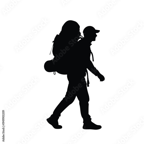 Backpacker silhouette walking with large backpack isolated on white