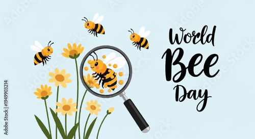 World bee day illustration with magnifying glass bees and yellow flowers on light blue background