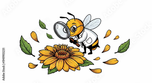 Cartoon bee investigates bright yellow flower with magnifying glass surrounded by petals and leaves