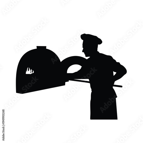 Baker putting pizza inside traditional stone oven silhouette graphics