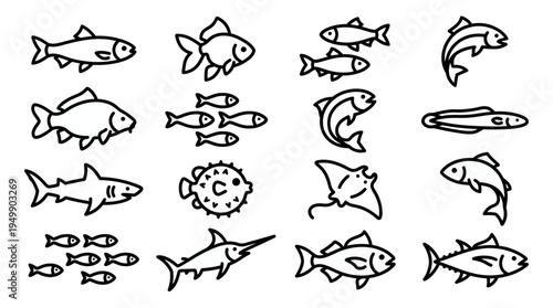Set of various fish line icons including shark, goldfish, pufferfish and swordfish isolated on white background, symbolizing marine life biodiversity, symbolizing seafood restaurant branding