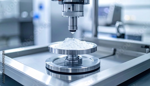 Analytical balance testing white powder sample with precise measurement equipment in laboratory