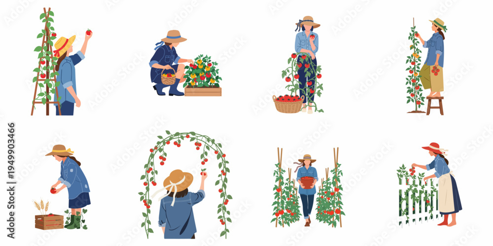 Obraz premium Collection of illustrations featuring women harvesting ripe tomatoes in various garden settings, showcasing organic farming, gardening, and agricultural work.