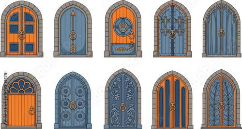 Medieval castle doors collection fantasy stone arch wooden and metal doors vector illustration