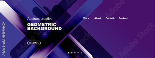 Modern website header design. Purple gradients, geometric shapes, text elements present. Clean layout for digital presentation.