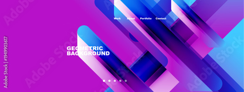 Abstract geometric background. Vivid purple, blue hues create dynamic layers. Navigation includes work, about, portfolio, contact options.