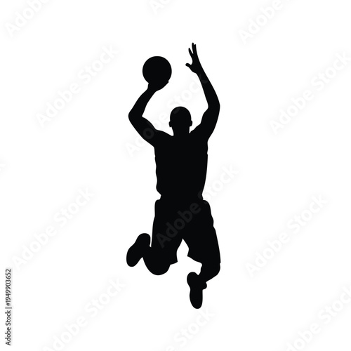 Basketball player silhouette mid-air jump shooting ball in dynamic action
