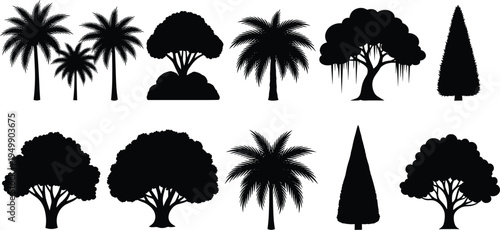 Black silhouette collection of twelve diverse trees including palm, conifer, and deciduous varieties arranged in rows for botanical illustration, landscape design, educational resources, and creative 