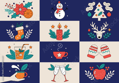 Twelve individual Christmas card designs showing winter motifs such as reindeer and mittens in a grid with blue and beige backgrounds.