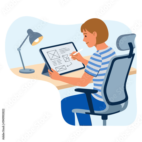 A boy sitting at a desk examines a tablet with diagrams under a lamp.