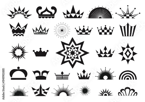 Thirty black crown and starburst icons with sharp geometric details and solid shapes arranged in a clean grid layout on a white background.
