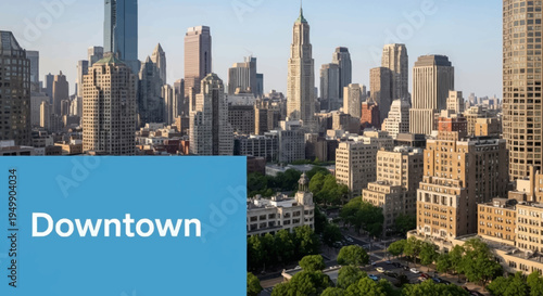 Aerial view of a bustling downtown cityscape with skyscrapers and high-rise buildings.