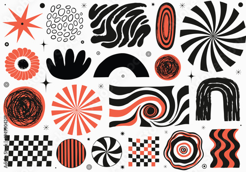 Twenty bold graphic elements featuring radiating lines checkered patterns and messy scribbles in black and vibrant orange-red colors are scattered across a light off-white background.