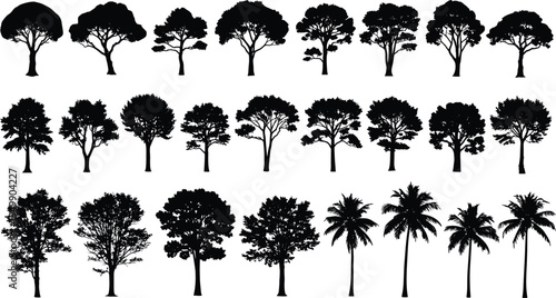 Collection of diverse black tree silhouettes featuring various botanical forms, including palms, rounded canopies, and detailed foliage, ideal for landscape design, illustration, and graphic projects