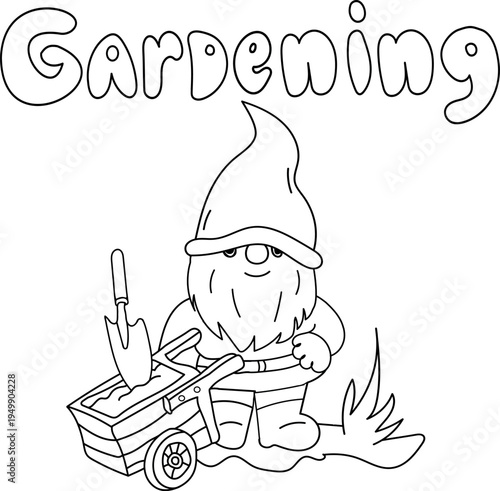 vector hand-drawn doodle garden gnome with a garden cart