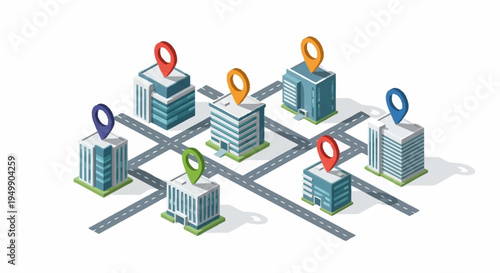 Isometric city map with location markers.