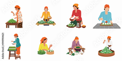 Flat vector illustrations of Indonesian women in traditional kebaya making and preparing various traditional snacks wrapped in banana leaves on a white background.
