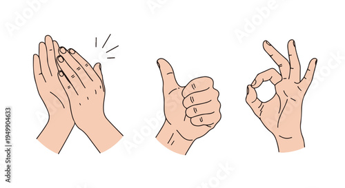 Isolated Vector Set of Hand Gestures: Clapping, Thumbs Up, and OK Sign isolated PNG with Transparent Background
