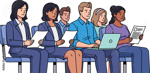 Diverse business candidates sitting in row waiting for job interview