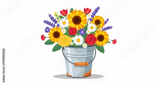 Vibrant sunflowers daisies and lavender in a rustic metal bucket on white background floral arrangement
