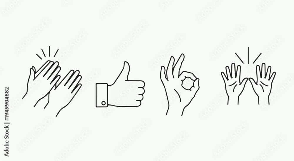Fototapeta premium Modern Line Art Hand Gestures Icon Set with Thumbs Up, Clapping, OK Sign, and Raised Hands Vector isolated PNG with Transparent Background
