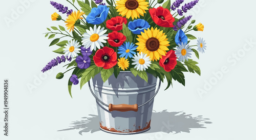 Vibrant summer flowers in a metal bucket with sunflowers daisies and lavender on a light background