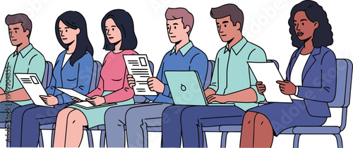Multiethnic business people sitting in line reading interview resumes