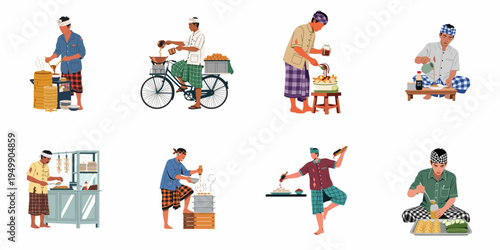 Illustrations of Indonesian Street Food Vendors and PKL Sellers Preparing Traditional Snacks such as Siomay and Dim Sum, Isolated on White Background.
